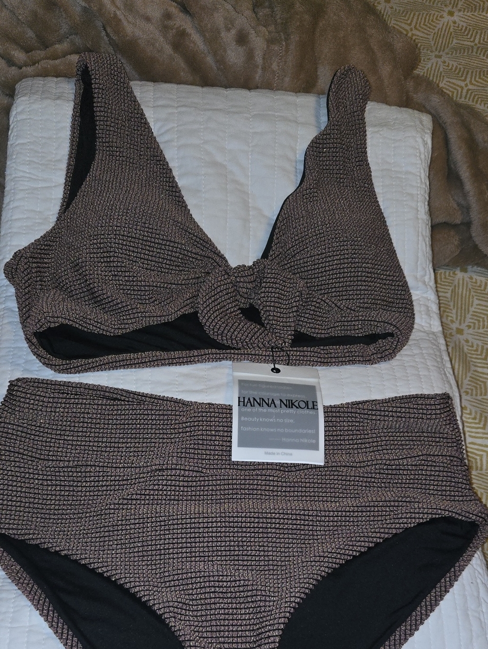 Hanna Nikole Brown Knot-Front Textured Bikini Set